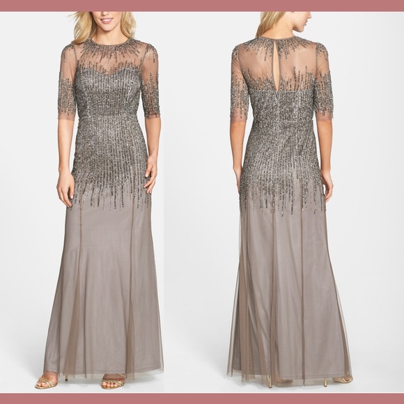 NEW Adrianna Papell Embellished‎ Illusion Yoke Mesh Gown in Lead [SZ 2 ] - Picture 3 of 6